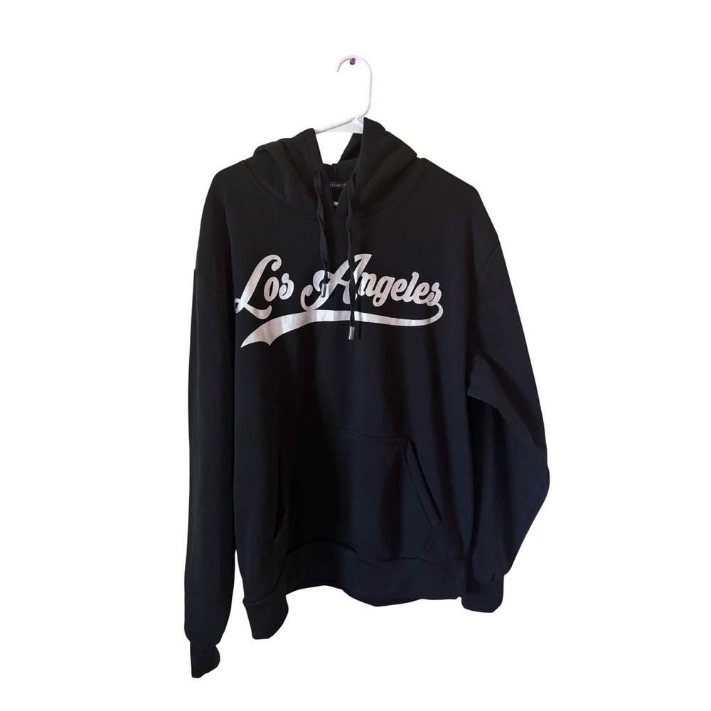 NWT Leehanton Los Angeles Graphic Hoodie Black Silver‎ Script Sweatshirt Size L